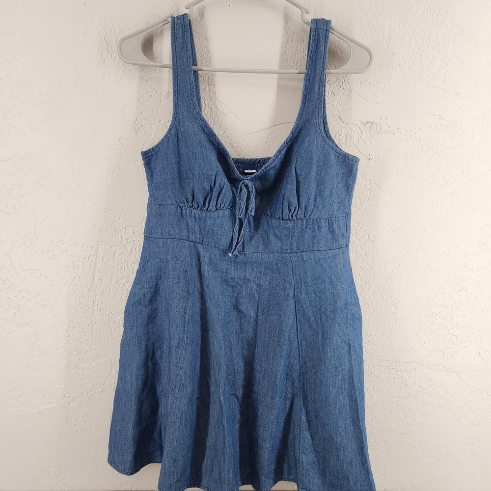 Old Navy Blue Denim Sleeveless Tie Front Smocked Back Mini Dress Women Small
